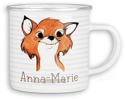 timalo® Emaille Tasse personalisiert mit Namen | Kinder Blechtasse Kindertasse bedruckt mit süßen Tiermotiven Kindergarten Motiv Tiere | 13- Fuchs