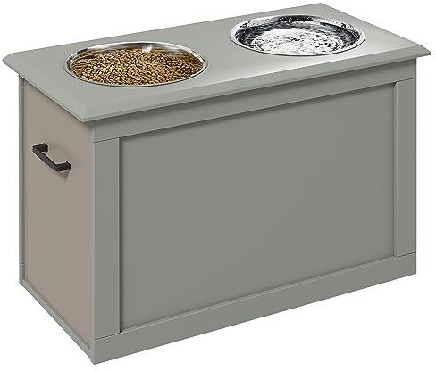 PawHut Raised Dog Bowls, Pet Feeding Storage Station with Two Stainless Steel Bowls, Base, for Large Dogs, Grey