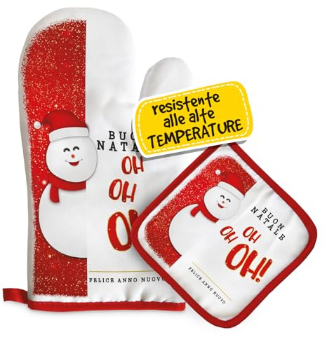 Set Guanto Forno e Presina Natalizia, Idee Regalo Natale Donna, Mamma e Nonna, Utili ed Originali per la Casa e Cucina, Personalizzati Con Illustrazione Originale Pupazzo di Neve Oh Oh Oh