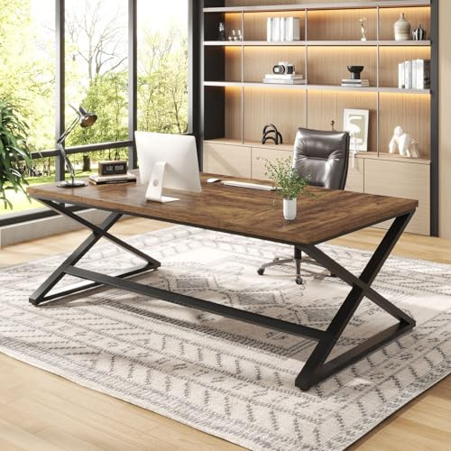 IBF Scrivania per computer rustica da 180 cm, scrivania da ufficio in legno extra lunga per casa, grande tavolo da lavoro in metallo industriale, tavolo per studio e scrittura, doppio monitor,