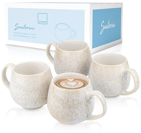 SÄNGER Santorini Steingut Kaffeetassen Set | Spülmaschinenfest | Handmade | Creme mit Farbverlauf Lila Blau 300 ml | Premium Collection | 4 Stück
