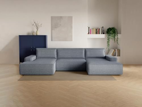 Vente-unique-Große Wohnlandschaft mit Schlaffunktion - Strukturstoff - Blau - Amelia