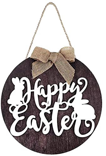Osterkranz mit Hase Osterhase Kranz Osterdeko 2023 Neueste Happy Easter Home Willkommensschild Rustikale runde hölzerne Haustür-Aufhänger-Dekoration Home Künstliche Osterkranz (Brown, One Size)