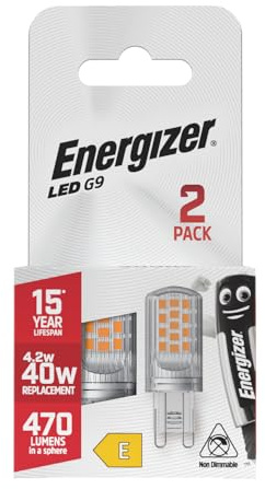 Energizer G9 LED Light Bulb. 4.2W (40w Halogen Equivalent) 220-240V. 470 Lumens. Bi-Pin Base Energy Saving. 2 Pack. Cool White 4000k