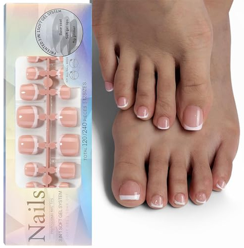 French False Toenails - Nude Pink Fake Toe Nails - 120Pcs Acrylic Toe Nails with Glue - Natural French Tip Toe nails for Women Girls
