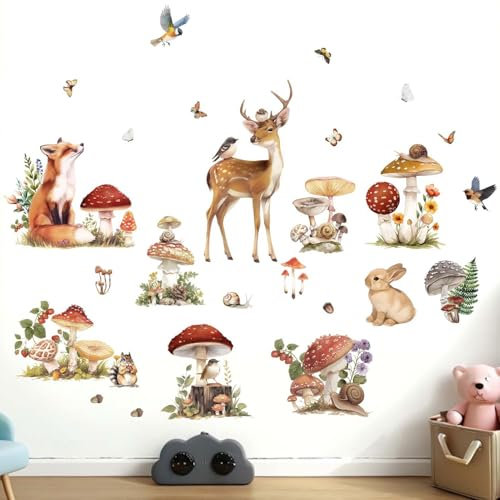 Amimagen Wandtattoos Wald Tier Wandaufkleber - Pilz Hirsch Fuchs Kaninchen Wald Wandsticker - Baby Kindergarten Kinder Mädchen Schlafzimmer Tagespflege Wand Dekor