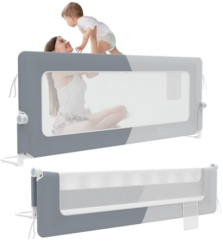 HENGMEI Rausfallschutz Bett 150 cm Bettgitter Bettschutzgitter Kinderbettgitter Zusammenklappbar um 180 Grad Babybett Umrandungen Luftiges Netz Höhenverstellbar Schutzgitter Bett (Grau+Hellgrau)