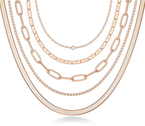 CASSIECA 5Pcs Halskette Damen Edelstahl Kette Damen Büroklammerkette Kubanische Kette Stapelbar Halskette Damen Gold/Silber/Rosegold