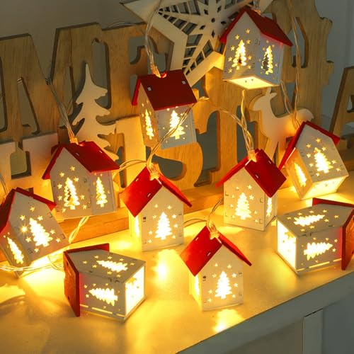 DZAY Weihnachtsdeko Innen Lichterketten mit 10 Kleine Holzhäuser Feen Lichter,Weihnachtsbeleuchtung Innen Häuser String Lights,Weihnachten Deko LED String Lichter für Schlafzimmer Dekoration (Baum)