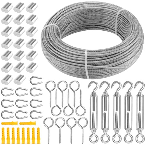 MUNGHOK 56 Stück 3mm x 50m Drahtseil Edelstahl Set, Seilspanngarnitur mit Spannschloss Edelstahl, Ösenschrauben, Drahtseil Kauschen und Aluminiumhülsen, Stahlseil Ummantelt für Drahtseil Hängen
