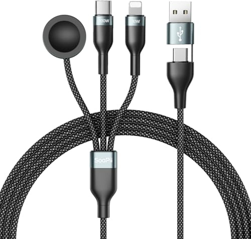 SooPii Ladekabel für Apple Watch und iPhone Ladegerät,3 in 2 USB C Kabel für iWatch Ultra/SE/10-1,100W USB C zu C Multi Schnellladekabel für iPhone 16/15,Galaxy S24/S23,1,2m