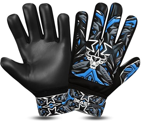 BEAST RAGE Fotboll målvaktshandskar för pojkar barn ungdomar, fotboll målvaktshandskar med starkt grepp för de tuffaste besparingarna, handledsstöd 4 mm latex palm (blå, storlek 7 (S/M))
