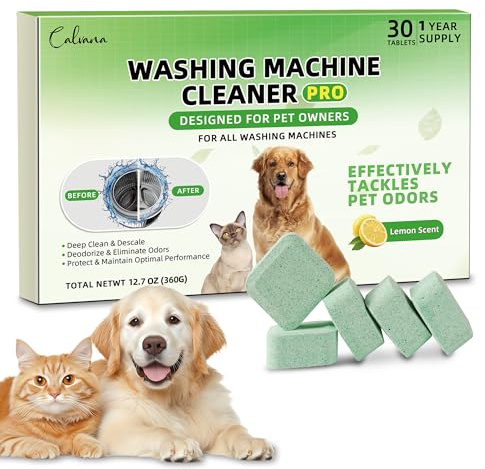Calvana Paquete de 30 tabletas de limpieza para lavadora, formuladas para dueños de mascotas, limpiador de lavadora, para cargadores frontales, cargadores superiores, máquinas HE, elimina fácilmente