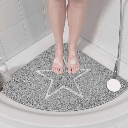 Nicoman Corner Bath Mat Non Slip Anti Mould, 60 cm Star Curved Bath Mats for Inside Shower, Loofah Grey Bathmats for Bathtubs Toilet Bathroom Floor, PVC Bathtub Rug for Family