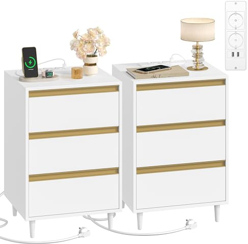 HEXCELEN Table de Chevet avec Prises, Lot de 2, Table d’Appoint avec 3 Tiroirs, 2 Prises CA, 1 Port Type-C, 1 Port USB, Tables de Nuit avec 4 Pieds，pour Chambre à Coucher, Salon, Blanc