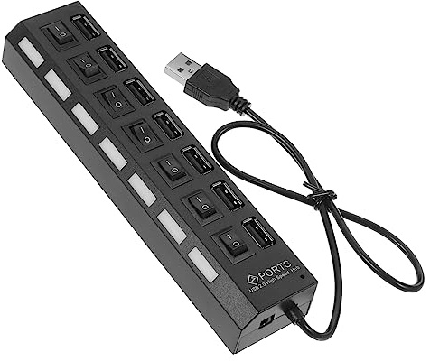 POPETPOP Hub with 7 Blue LED Indicators with Independent Port Control 7-port USB 2.0 Multi Port USB Adapter and Power Saving Features, Black Abs Material Portable for Home and Office Use