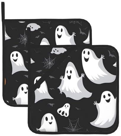 MJHKXLJ Set di 2 presine isolate quadrate con immagine di fantasma nero e Halloween, 20,3 x 20,3 cm, per coperchi della cucina, forni a microonde, barbecue all'aperto