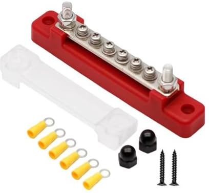 Bus Bar,Terminal Block,12-48V Single-Row Covered Common Busbar | 150a Power Power Ground Distribution Block with 2 M6 Studs 6 M4 Screws Terminals for Car Boat Marine Caravan Rv (Red)