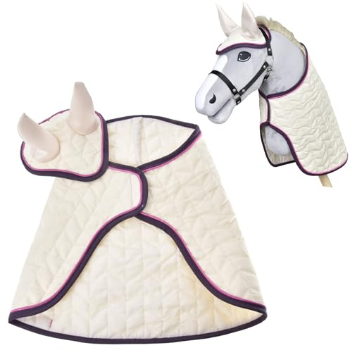 LarDen Hobby Horse Zubehör – Set Supreme Crema – Handgefertigte Decke & Fliegenhaube für Steckenpferd, Stockpferd & Spielpferd – Ohrenkappe, Ohrenhaube, Fliegenohren für Kinder – Hobby Horsing
