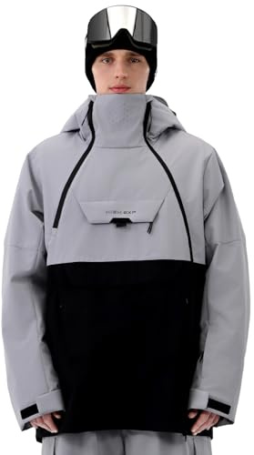 HIGH EXPERIENCE Mens Ski Jacket 3L Snowboard Anorak Coat Baggy Snow Pullover Hooded Waterproof Windproof Insulated Winter (US, Alpha, Medium, Regular, Regular, Gray Black)