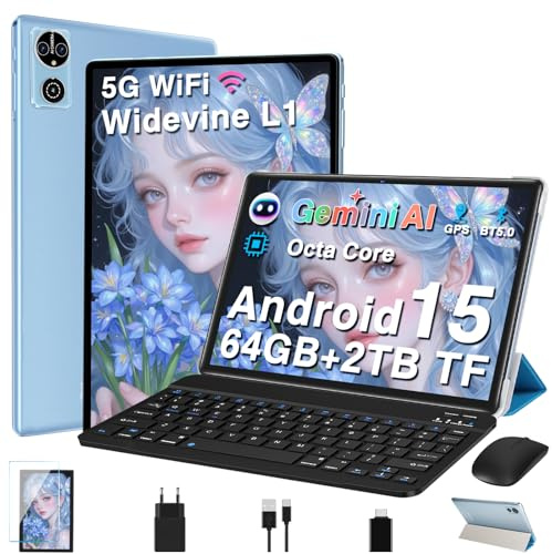 Tablet 10 Pulgadas AI Android 15 Tablets con 30GB RAM+64GB ROM/TF 2TB, 8 Core 2.0Ghz, 5G+2.4G WiFi | Widevine L1 | 8+5MP | BT5.0 | Widgets | GMS Tablet 3 en 1 con Teclado, Funda y Ratón - Azul