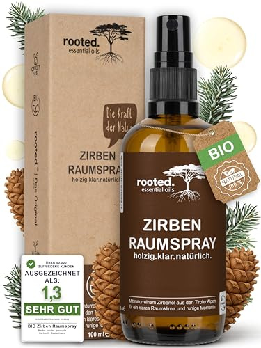 rooted.® Zirben Raumspray 100ml [100% NATURREINES ZIRBENÖL] – Klarer, holzig-frischer Duft aus den Tiroler Alpen – Zirbenspray für Zuhause, Wohn- & Arbeitsräume