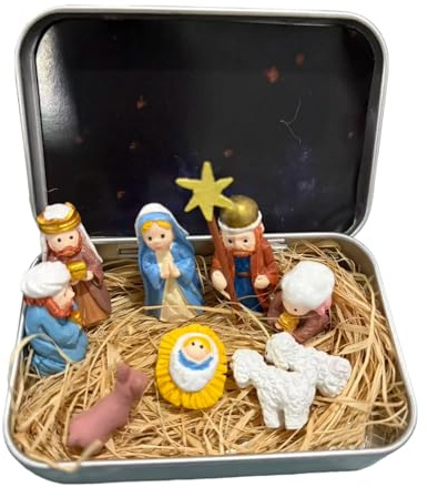 Mini Weihnachten Krippe Set In Einer Metalldose, Weihnachten Krippenszene Set, Tragbar Taschengröße Krippenszene Figuren Dekoration Sets, 3D Harz Mini Religiös Heilige Jesus Figuren Ornamente