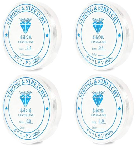 Ensemble de Fil élastique pour Bijoux, 4 bobines de Cordon élastique pour Bracelets (0,4 mm, 0,6 mm, 0,8 mm, 1,0 mm) - Fil de Cristal, Cordon en Caoutchouc, Fil de Nylon pour la création de