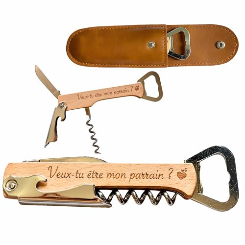 3 en 1 Tire-Bouchon & Décapsuleur -Cadeau Demande Parrain – Tire-Bouchon Personnalisé en Bois – Gravé 'Veux-tu être mon parrain ?' – Ouvre-Bouteille Original (Veux-tu être mon parrain?)
