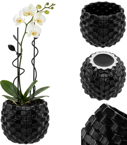 botle Blumentopf übertopf schwarz Keramik Ø15cm Blumenübertopf für Zimmerpflanzen Pflanztopf glänzend 3D Struktur konvex Glamour