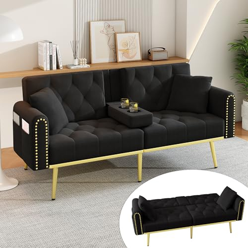Merax 2-Sitzer ausklappbares Schlafsofa Couch mit Schlaffunktion, verstellbare Rückenlehne,2 Zierkissen,Faltbarer Getränkehalter,Seitentaschen, Velvet/Schwarz, 175 × 80 × 73,5 cm