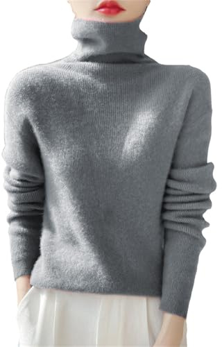 Générique Varm tröja med polokrage för dam - överdimensionerad tröja för dam smala toppar långärmad toppar vår höst tröja fritid utomhus enfärgade tröjor elegant tröja, Färg: grå, XL