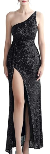 Hengvira Robe de soirée à paillettes asymétriques sans manches pour femme - Robe de cocktail formelle et fendue, Noir , L