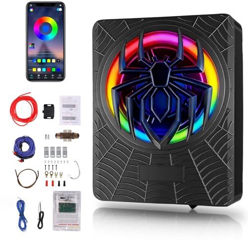 Hodozzy 1200W Subwoofer Activo para Coche 10 Pulgadas,Conjunto de Subwoofer y Amplificador Ultraplano de Alta Potencia para Debajo del Asiento con Luz RGB Sincronizada con el Ritmo,Patrón de araña
