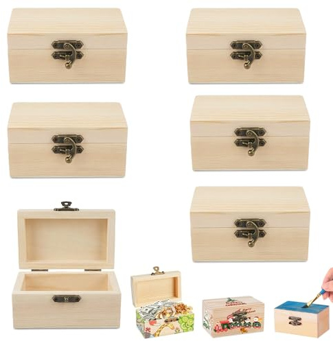 HSDLEWJ Mini Schatztruhe, 6 Stück DIY Holzkiste Klein mit Deckel, 9 x 5.5 x 5 cm Rechteckige Holzschatzkiste, Klein Set Schmuckkästchen Holz für Bemalen, Dekorieren und Basteln