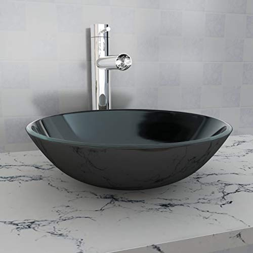 Mokuyary Lavabo Verre trempé 42 cm Noir Lavabo, Vasque à Poser au-dessus du Comptoir pour Salle de Bains, WC d'invités, Hôtel, Toilettes