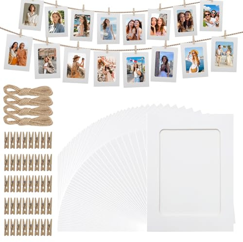 40 Stück Fotorahmen aus Pappe 10 x 15 cm, Fotogirlande mit Holzklammern | Fotoleine mit Klammern Papier Bilderrahmen Weiß für Hochzeit Geburtstag Jubiläum Party DIY
