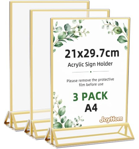 JoyHom A4 Acrylic Sign Holder with Gold Borders, Double Sided Gold Picture Frame, Upright Double Sided Acrylic Display Stand for Wedding Table Numbers Stores, Restaurants, Hotels, Office, 3 Pack
