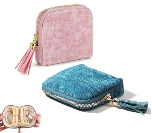BOFYTR 2-Pair Travel Jewellery Pouch Set with Tassels (Pink & Blue)