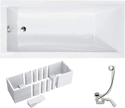 VBChome Badewanne 170x70 cm Acryl Set – Rechteckige Weiß Badewanne mit Wannenträger, Styroporträger, Siphon & Chrom Ablaufgarnitur – Modernes Design