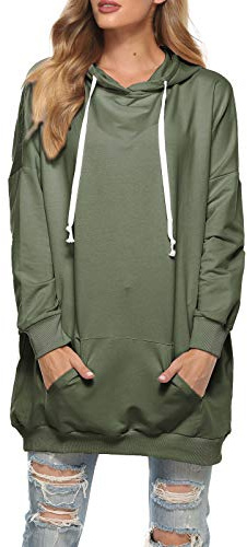 Famulily Basic Long Hoody mit Kapuze Bequem Winterpullover Damen Warm Lang Umstandspullover Armygrun M