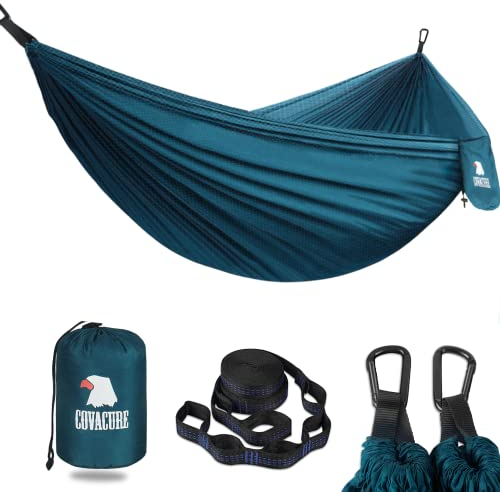 COVACURE Camping Hammock - 270*150cm Ultralight 70-Denier Durable & Breathable Nylon Travel Hammocks with Two 10FT Tree Straps for Outdoor Camping Accessories (330lbs Capacity)
