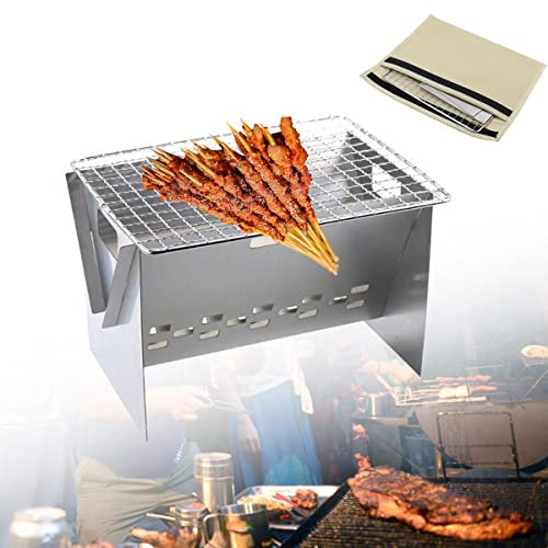 LJBOZ BBQ Grill Klappgrill Holzkohle, Mobiler und steckbarer Tragbarer Holzkohlegrill aus Edelstahl, Reisegrill mit Verchromtem Gestell, Minigrill für Camping, Trekking, Garten, Picknick