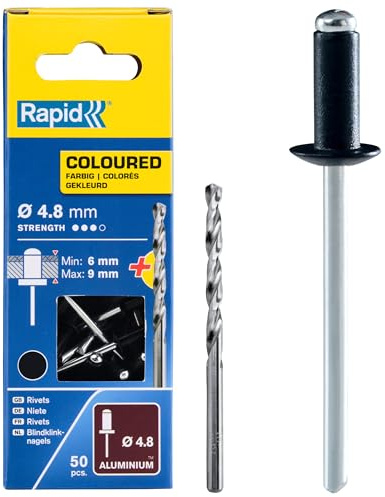 Rapid Blindnieten Aluminium Schwarz Ø 4,8mm, 6-9mm Klemmbereich, 50 Stk. Nieten, Set inkl. Bohrer, für Blindnietzangen