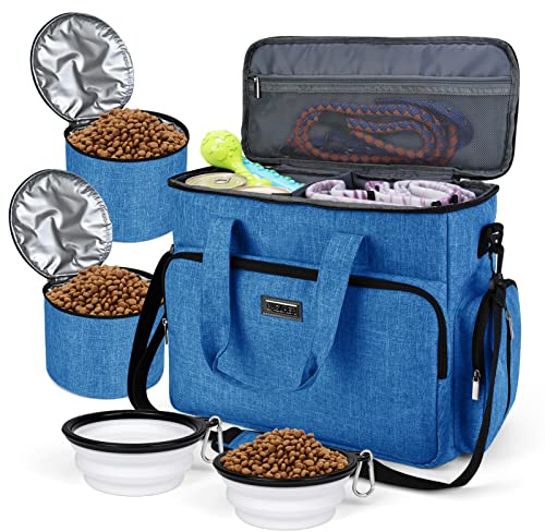 BAGLHER Dog Travel Bag, Pet Travel Bag（All Pet Travel Supplies）, with 2 Pet Food Containers and 3 Collapsible Silicone Bowls; Essential Kits for Pet Travel Blue