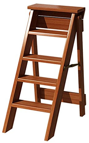 Escabeau en bois Tabouret d'échelle pliant à 5 marches Marchepied de sécurité antidérapant multifonctionnel pour intérieur extérieur, chaise d'échelle de bibliothèque de cuisine de bureau de ménage