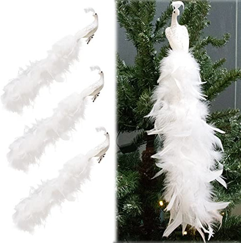 Tauzveok Weihnachtsbaum Deko, Pfau Vögel Weihnachtsbaum Deko, 17 Inches Künstlicher Langschwänziger Gefiederter Pfau Mit Clips, Für Baumschmuck Weihnachten,Peacock White,3pc