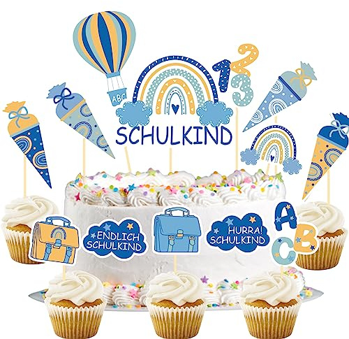 Tortendeko Einschulung Junge, 13Pcs Cake Topper Schulkind Kuchendeko Schulanfang, Zuckertüte ABC 123 Kuchen Deko, Endlich Schulkind 2026 Junge Geschenke Einschulung