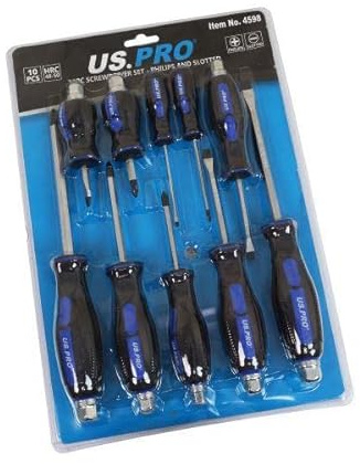 US PRO Tools 4598 Jeu de 10 tournevis cruciformes et fente