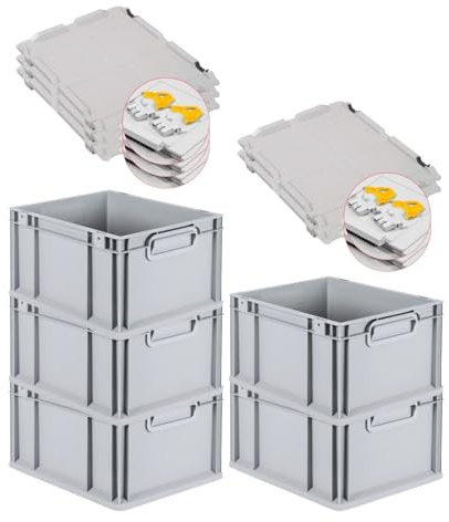 PROREGAL SuperSparSet 5x Eurobox NextGen Economy mit Scharnierdeckel & gelben Verschlüssen | Griffe geschlossen | HxBxT 22x30x40cm | 20 Liter | Eurobehälter Transportbox Transportbehälter